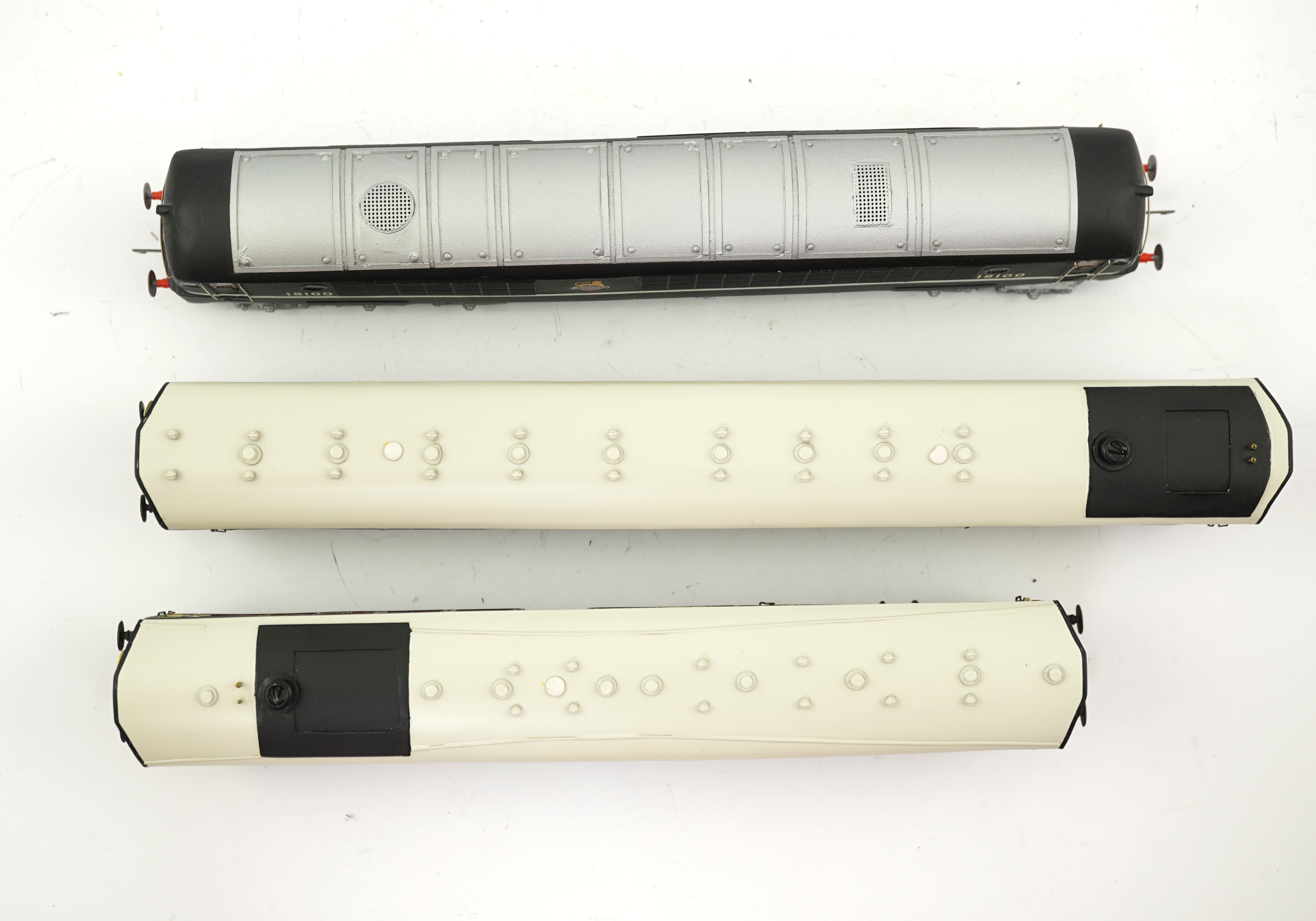 Two 00 gauge plasticard and brass, etc. kit built GWR rail motors; No.74 and No.89, constructed, painted and lined to a high standard, together with a BR turbine electric Co-Co locomotive, 18100, constructed using plasti